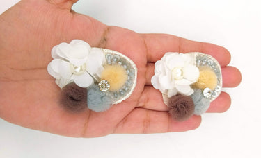 Hand Embroidered White, Grey And Brown Floral Applique, 2 Pcs